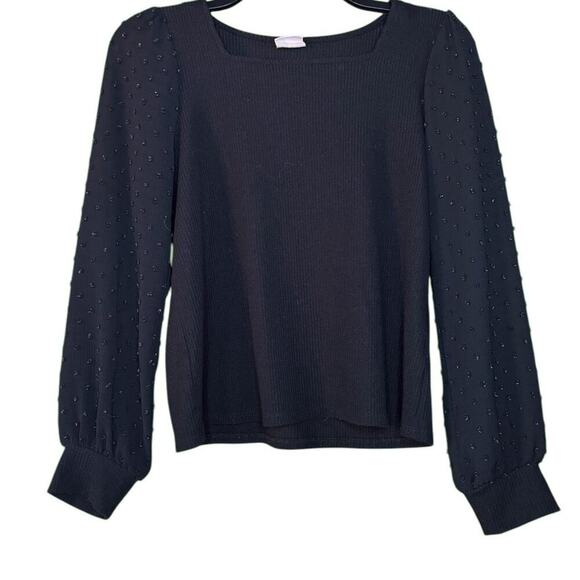Self Esteem Polka Dot Sheer Long Sleeve Top Ribbed Square Neckline Puff Sleeves - Picture 1 of 5